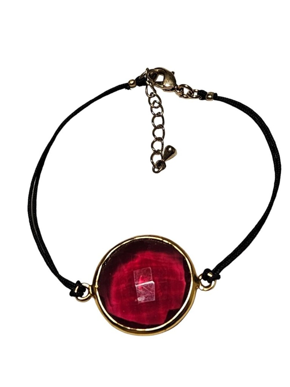 Gothic Red Round Gem Bracelet Black Cord Gold Tone Bezel Statement Dark Romantic